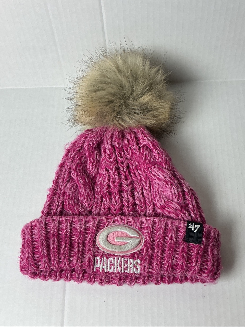 47 Kids Pink Knit Beanie with Faux Fur Pom